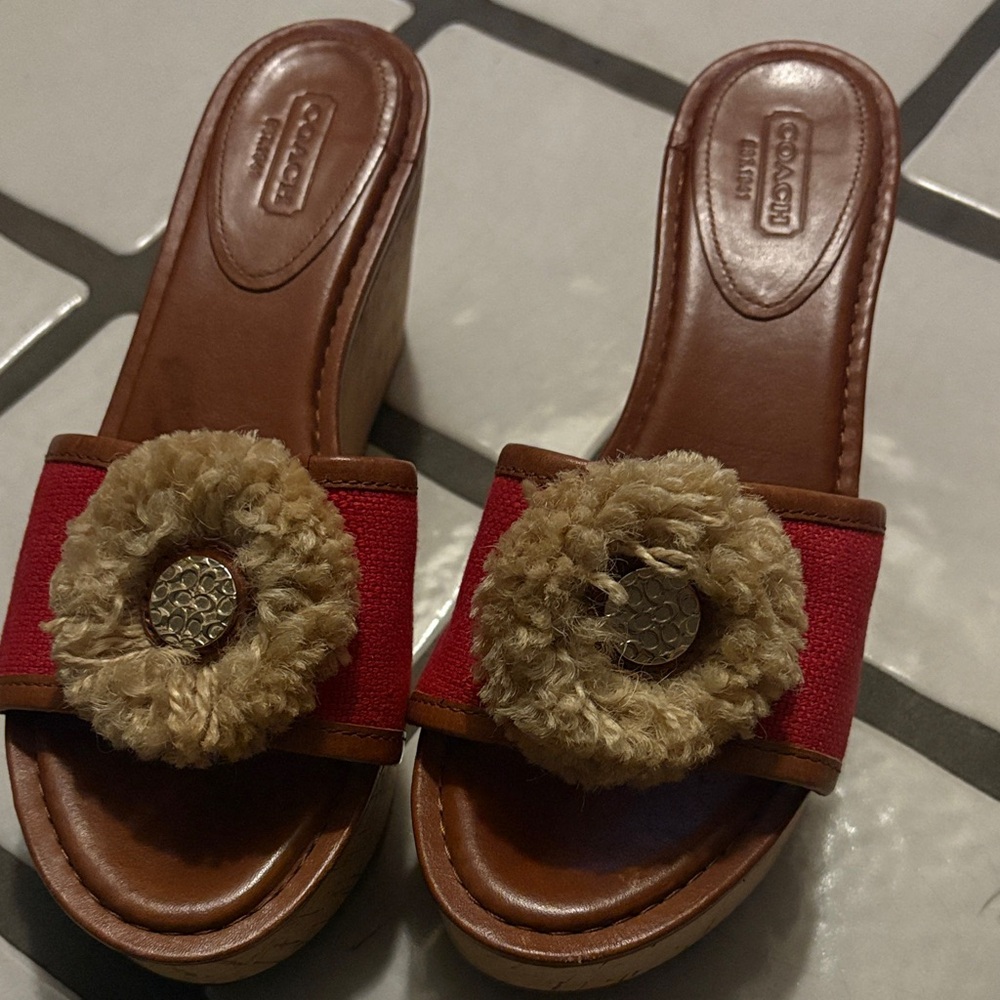 Coach Red and Brown Wedge Sandals